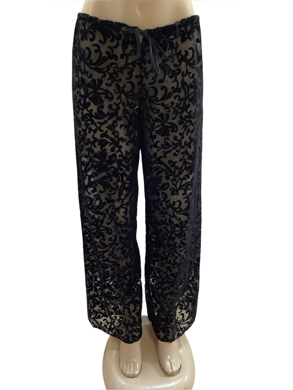 Zuliana Size XL Black Lace Nylon-Lycra Waist Tie Pants No Lining, No Stretch New